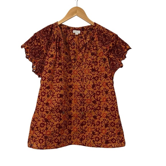 Jennifer & Grace Tops - Jennifer & Grace Womens Eyelet Flutter Sleeve Split Neck Blouse Sz Medium Orange